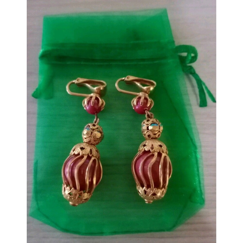 Vintage Victorian Style Maroon & Gold Dangle Clip-On Earrings Women Boho GUC
